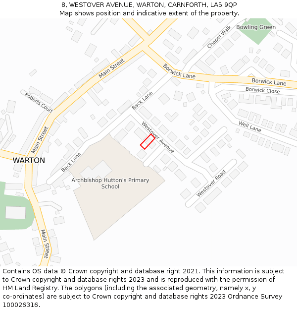 8, WESTOVER AVENUE, WARTON, CARNFORTH, LA5 9QP: Location map and indicative extent of plot