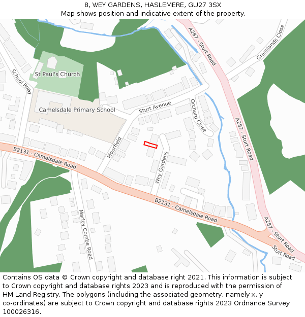 8, WEY GARDENS, HASLEMERE, GU27 3SX: Location map and indicative extent of plot