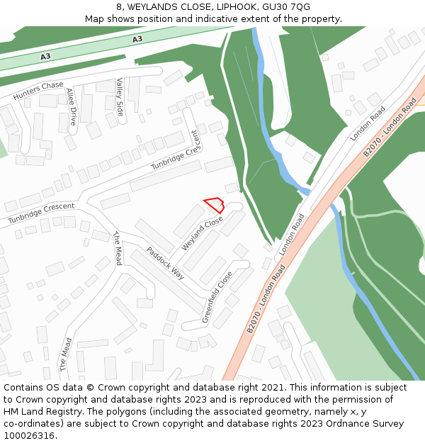 8, WEYLANDS CLOSE, LIPHOOK, GU30 7QG: Location map and indicative extent of plot
