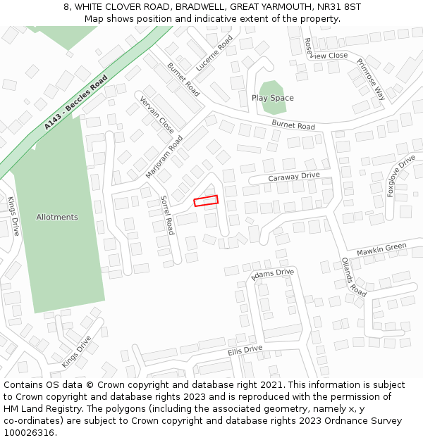 8, WHITE CLOVER ROAD, BRADWELL, GREAT YARMOUTH, NR31 8ST: Location map and indicative extent of plot