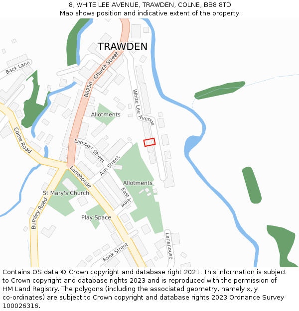 8, WHITE LEE AVENUE, TRAWDEN, COLNE, BB8 8TD: Location map and indicative extent of plot