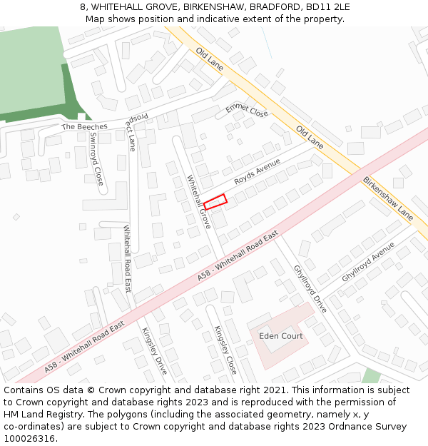 8, WHITEHALL GROVE, BIRKENSHAW, BRADFORD, BD11 2LE: Location map and indicative extent of plot