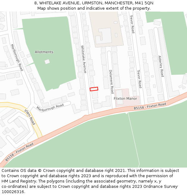 8, WHITELAKE AVENUE, URMSTON, MANCHESTER, M41 5QN: Location map and indicative extent of plot