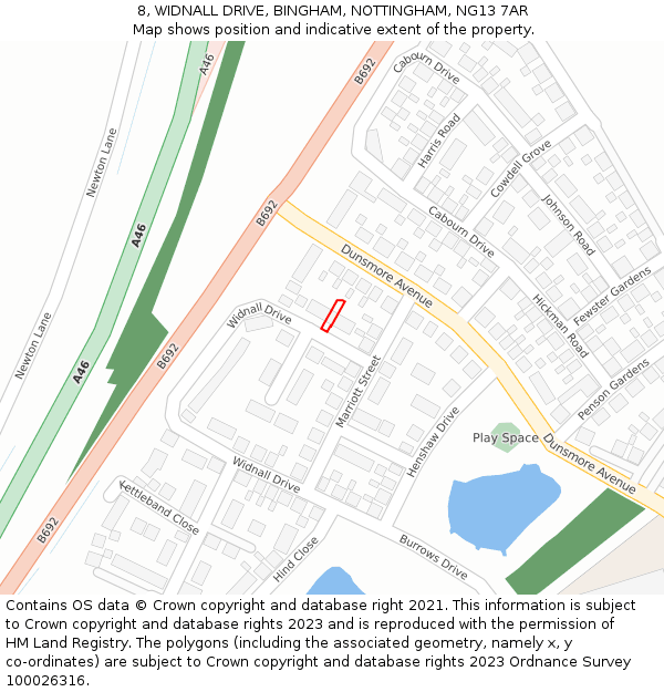 8, WIDNALL DRIVE, BINGHAM, NOTTINGHAM, NG13 7AR: Location map and indicative extent of plot