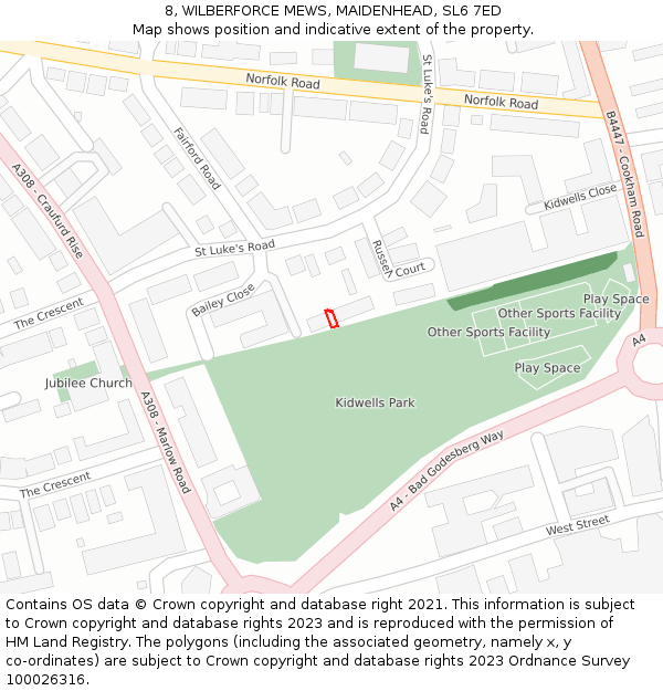 8, WILBERFORCE MEWS, MAIDENHEAD, SL6 7ED: Location map and indicative extent of plot