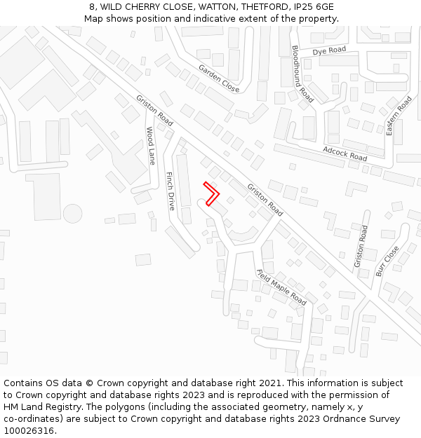 8, WILD CHERRY CLOSE, WATTON, THETFORD, IP25 6GE: Location map and indicative extent of plot
