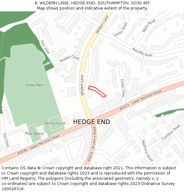 8, WILDERN LANE, HEDGE END, SOUTHAMPTON, SO30 4EF: Location map and indicative extent of plot