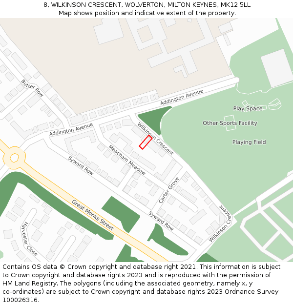 8, WILKINSON CRESCENT, WOLVERTON, MILTON KEYNES, MK12 5LL: Location map and indicative extent of plot