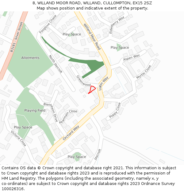 8, WILLAND MOOR ROAD, WILLAND, CULLOMPTON, EX15 2SZ: Location map and indicative extent of plot