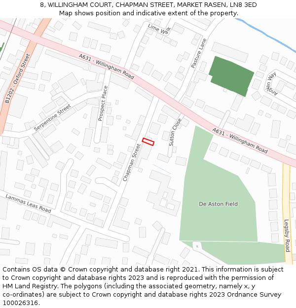 8, WILLINGHAM COURT, CHAPMAN STREET, MARKET RASEN, LN8 3ED: Location map and indicative extent of plot