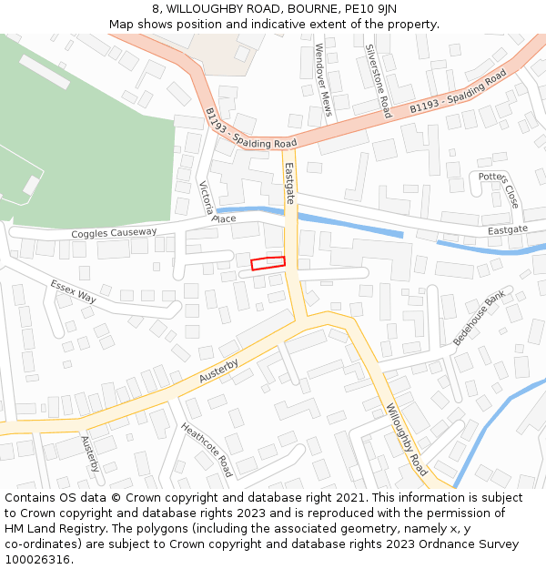 8, WILLOUGHBY ROAD, BOURNE, PE10 9JN: Location map and indicative extent of plot