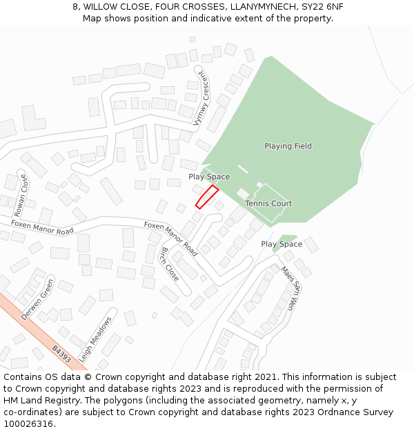 8, WILLOW CLOSE, FOUR CROSSES, LLANYMYNECH, SY22 6NF: Location map and indicative extent of plot