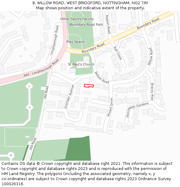 8, WILLOW ROAD, WEST BRIDGFORD, NOTTINGHAM, NG2 7AY: Location map and indicative extent of plot