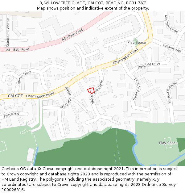 8, WILLOW TREE GLADE, CALCOT, READING, RG31 7AZ: Location map and indicative extent of plot