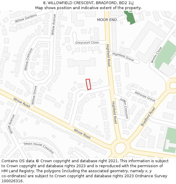 8, WILLOWFIELD CRESCENT, BRADFORD, BD2 1LJ: Location map and indicative extent of plot