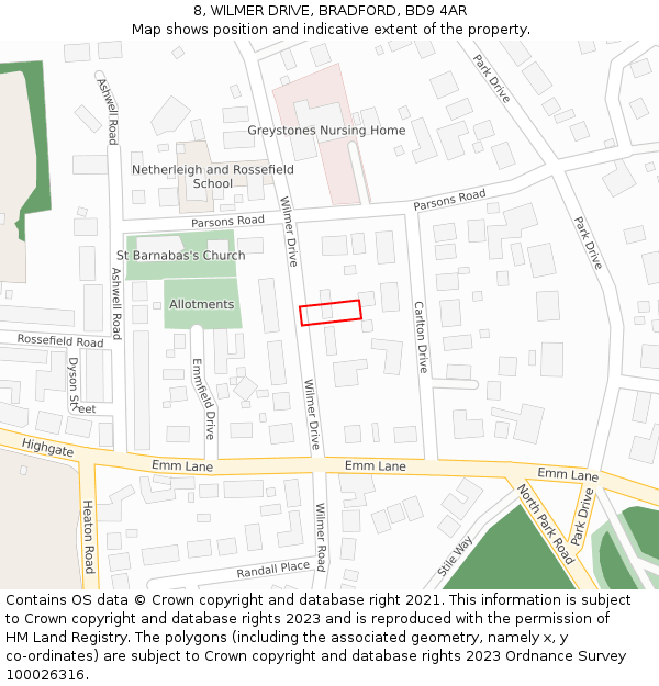 8, WILMER DRIVE, BRADFORD, BD9 4AR: Location map and indicative extent of plot