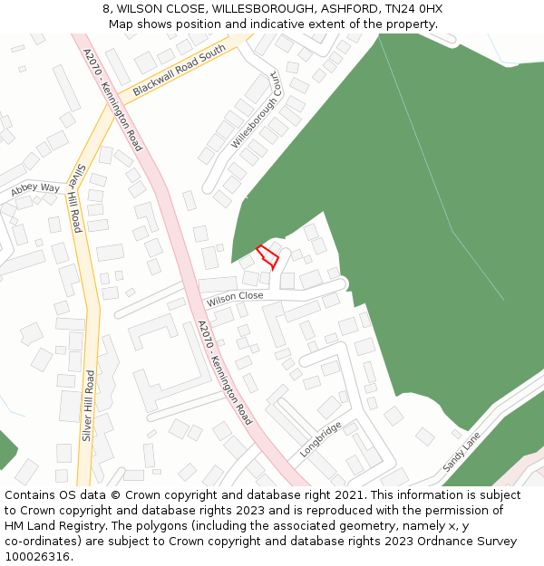 8, WILSON CLOSE, WILLESBOROUGH, ASHFORD, TN24 0HX: Location map and indicative extent of plot