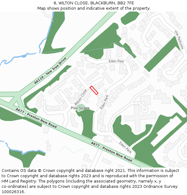 8, WILTON CLOSE, BLACKBURN, BB2 7FE: Location map and indicative extent of plot