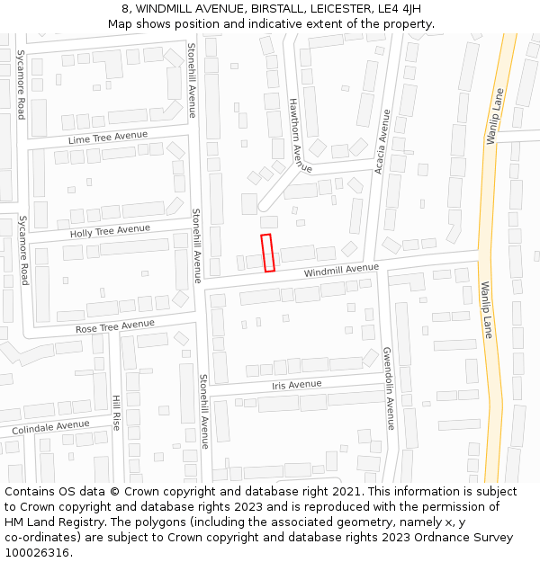 8, WINDMILL AVENUE, BIRSTALL, LEICESTER, LE4 4JH: Location map and indicative extent of plot