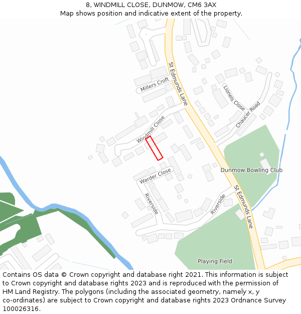 8, WINDMILL CLOSE, DUNMOW, CM6 3AX: Location map and indicative extent of plot