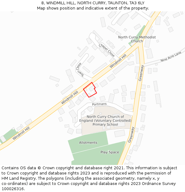 8, WINDMILL HILL, NORTH CURRY, TAUNTON, TA3 6LY: Location map and indicative extent of plot