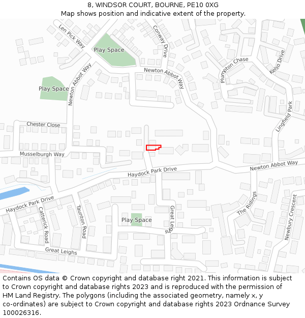 8, WINDSOR COURT, BOURNE, PE10 0XG: Location map and indicative extent of plot