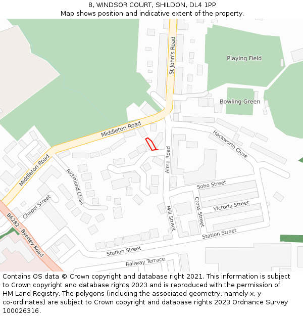 8, WINDSOR COURT, SHILDON, DL4 1PP: Location map and indicative extent of plot