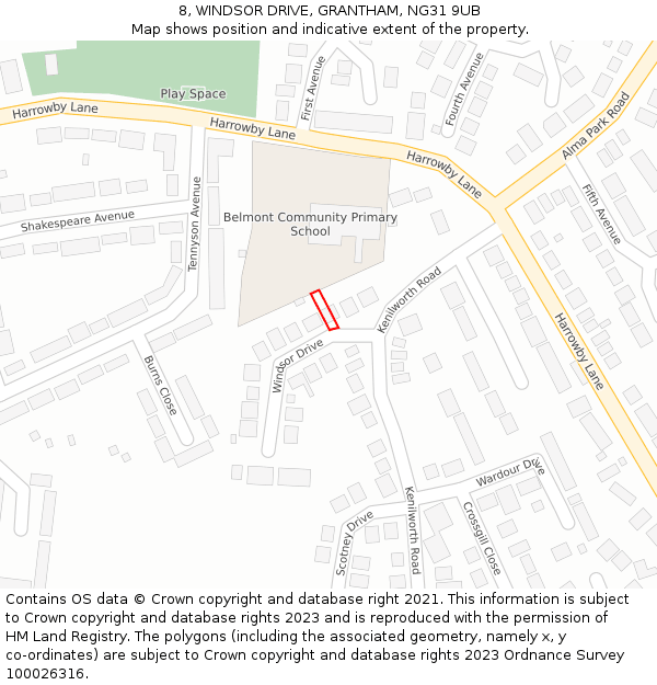 8, WINDSOR DRIVE, GRANTHAM, NG31 9UB: Location map and indicative extent of plot