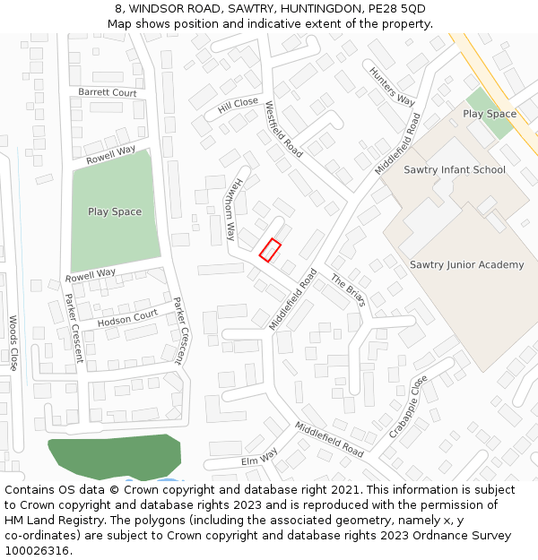 8, WINDSOR ROAD, SAWTRY, HUNTINGDON, PE28 5QD: Location map and indicative extent of plot