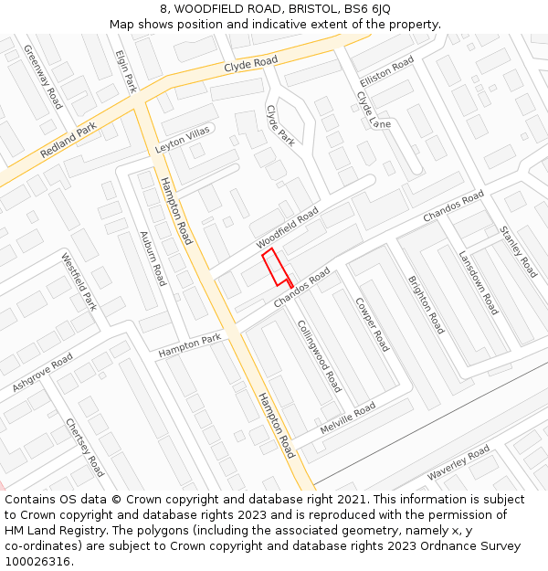 8, WOODFIELD ROAD, BRISTOL, BS6 6JQ: Location map and indicative extent of plot