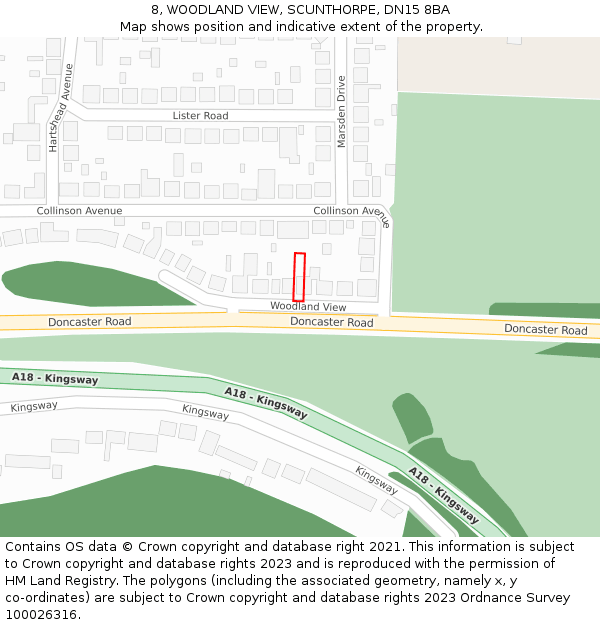 8, WOODLAND VIEW, SCUNTHORPE, DN15 8BA: Location map and indicative extent of plot