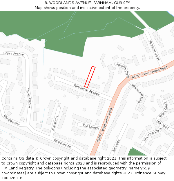 8, WOODLANDS AVENUE, FARNHAM, GU9 9EY: Location map and indicative extent of plot