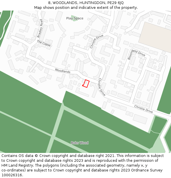 8, WOODLANDS, HUNTINGDON, PE29 6JQ: Location map and indicative extent of plot