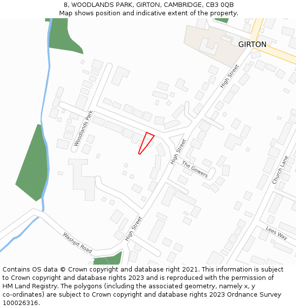 8, WOODLANDS PARK, GIRTON, CAMBRIDGE, CB3 0QB: Location map and indicative extent of plot