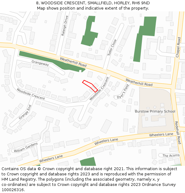 8, WOODSIDE CRESCENT, SMALLFIELD, HORLEY, RH6 9ND: Location map and indicative extent of plot