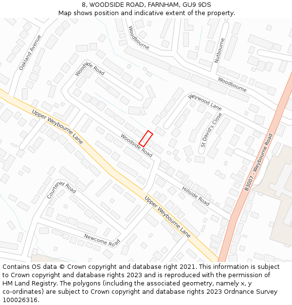 8, WOODSIDE ROAD, FARNHAM, GU9 9DS: Location map and indicative extent of plot