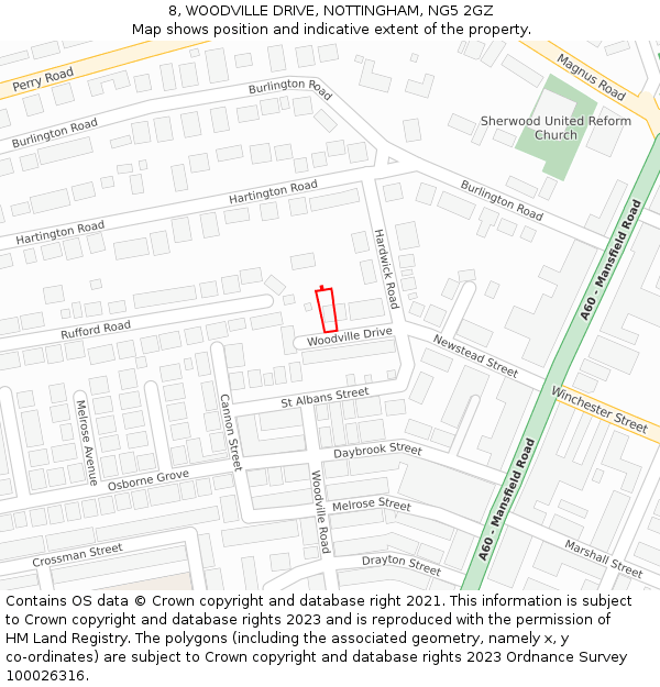 8, WOODVILLE DRIVE, NOTTINGHAM, NG5 2GZ: Location map and indicative extent of plot