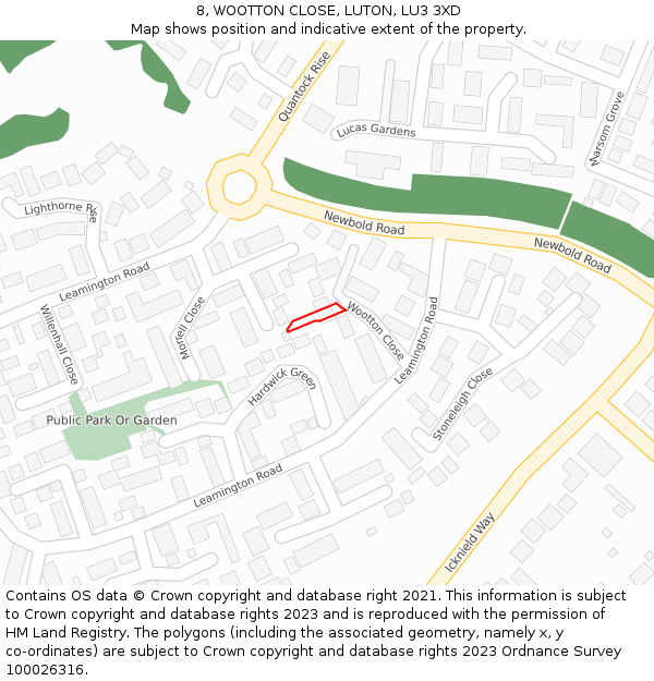 8, WOOTTON CLOSE, LUTON, LU3 3XD: Location map and indicative extent of plot