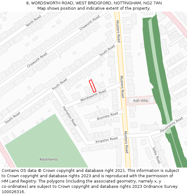 8, WORDSWORTH ROAD, WEST BRIDGFORD, NOTTINGHAM, NG2 7AN: Location map and indicative extent of plot