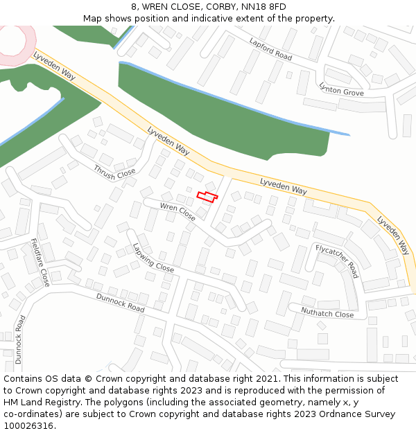 8, WREN CLOSE, CORBY, NN18 8FD: Location map and indicative extent of plot
