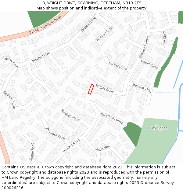 8, WRIGHT DRIVE, SCARNING, DEREHAM, NR19 2TS: Location map and indicative extent of plot