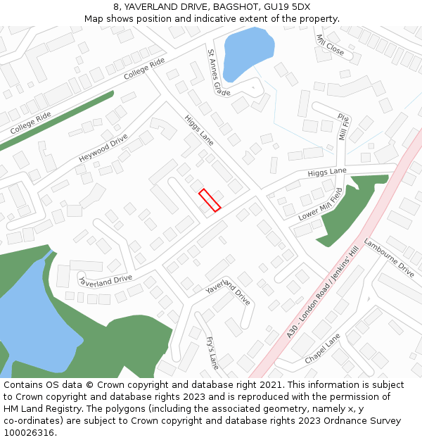 8, YAVERLAND DRIVE, BAGSHOT, GU19 5DX: Location map and indicative extent of plot