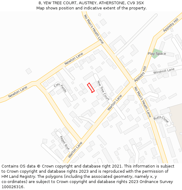 8, YEW TREE COURT, AUSTREY, ATHERSTONE, CV9 3SX: Location map and indicative extent of plot