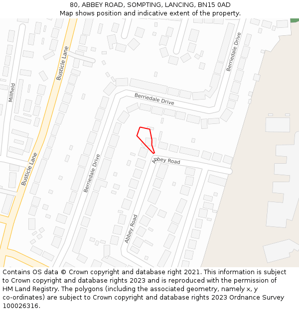 80, ABBEY ROAD, SOMPTING, LANCING, BN15 0AD: Location map and indicative extent of plot