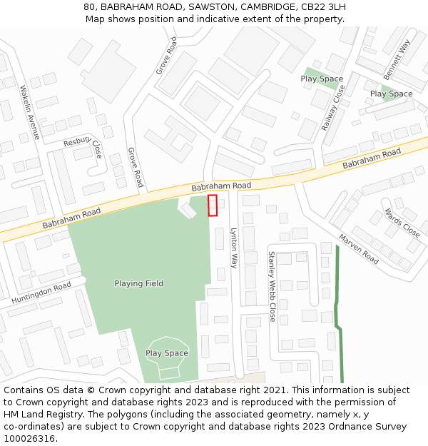 80, BABRAHAM ROAD, SAWSTON, CAMBRIDGE, CB22 3LH: Location map and indicative extent of plot