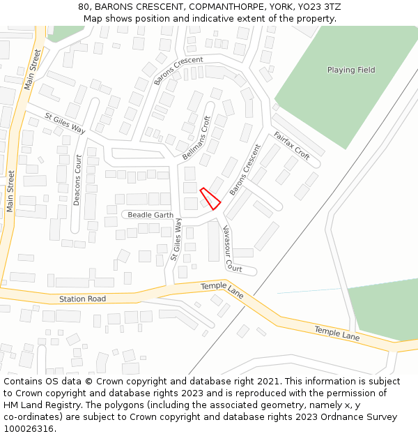 80, BARONS CRESCENT, COPMANTHORPE, YORK, YO23 3TZ: Location map and indicative extent of plot