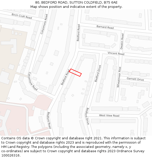 80, BEDFORD ROAD, SUTTON COLDFIELD, B75 6AE: Location map and indicative extent of plot