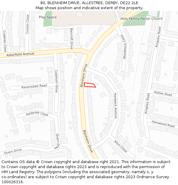 80, BLENHEIM DRIVE, ALLESTREE, DERBY, DE22 2LE: Location map and indicative extent of plot