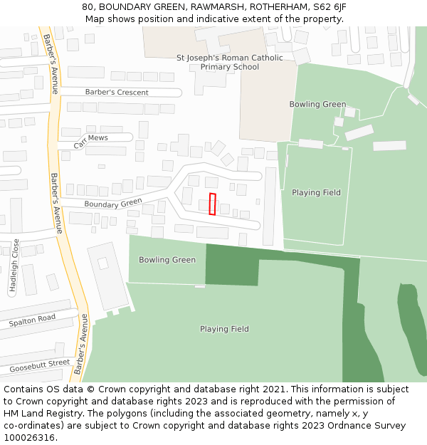 80, BOUNDARY GREEN, RAWMARSH, ROTHERHAM, S62 6JF: Location map and indicative extent of plot