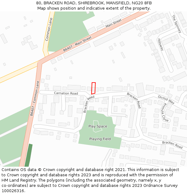 80, BRACKEN ROAD, SHIREBROOK, MANSFIELD, NG20 8FB: Location map and indicative extent of plot